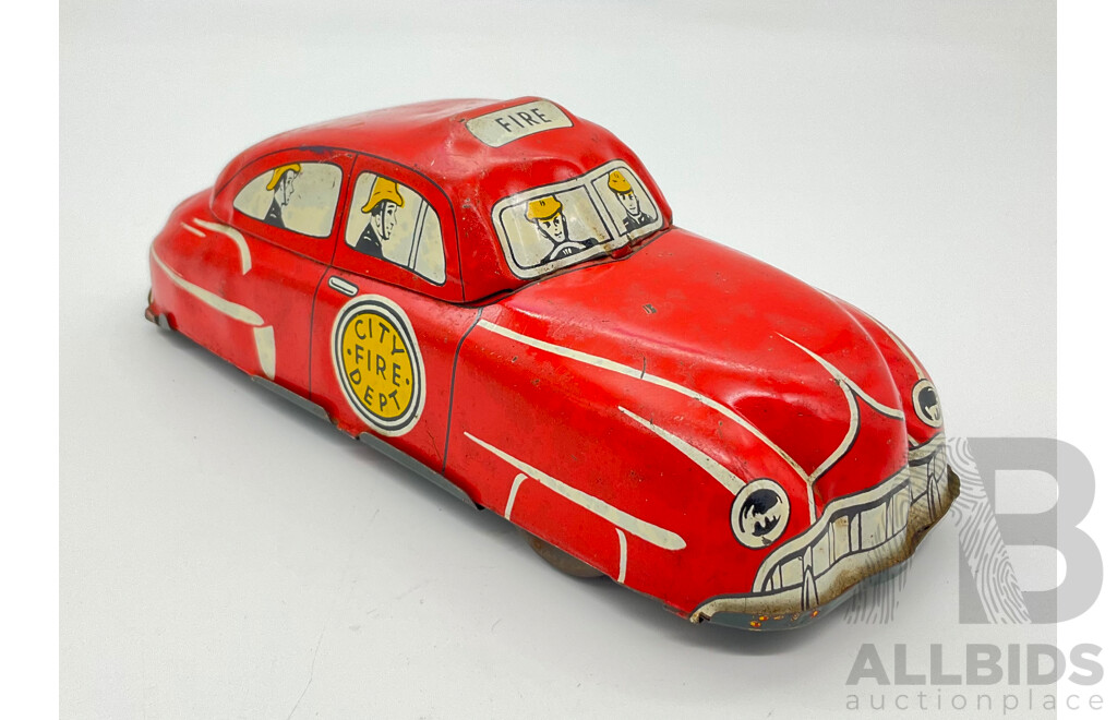 Vintage Pressed Steel 1940's City Fire Department Sedan with Friction Motor, Likely Made in Japan
