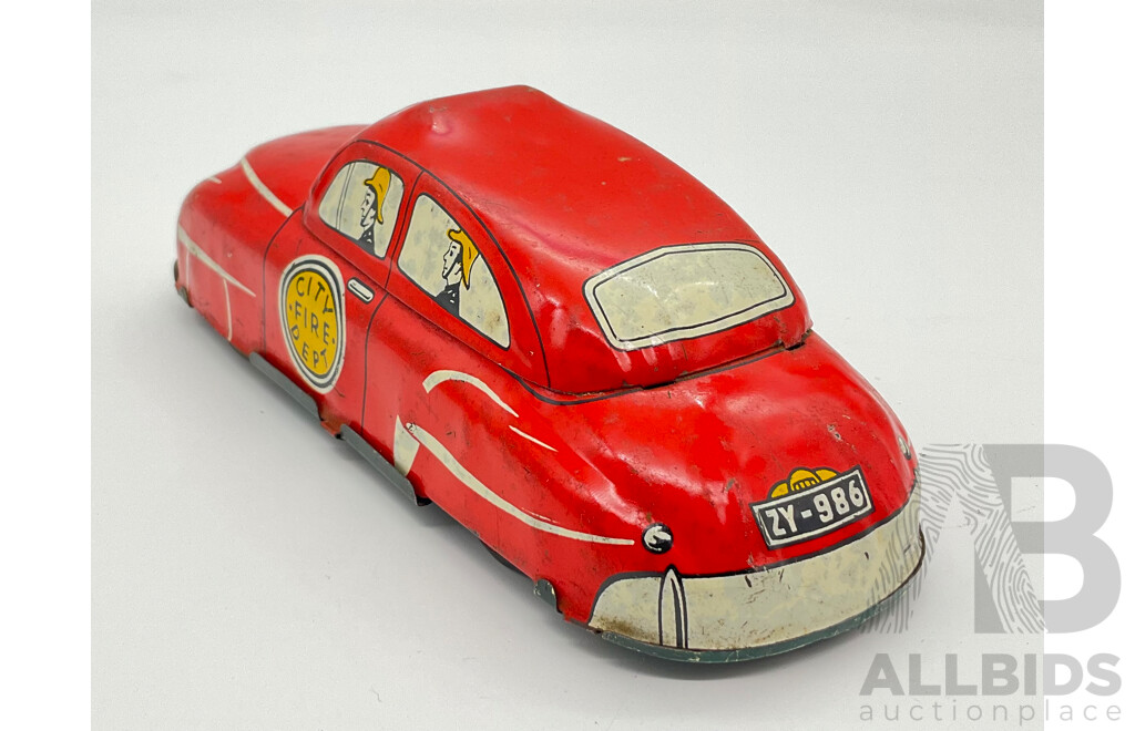 Vintage Pressed Steel 1940's City Fire Department Sedan with Friction Motor, Likely Made in Japan