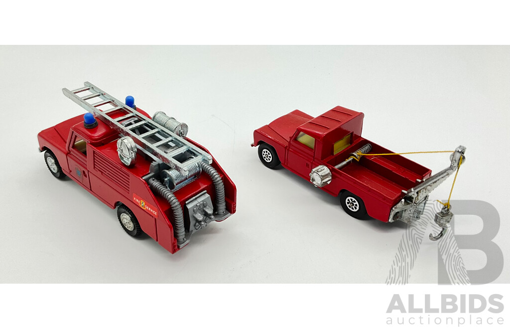Vintage Diecast Dinky Toys Fire Service Landrover and Corgi Toys Tow Truck Landrover, Made in Great Britain