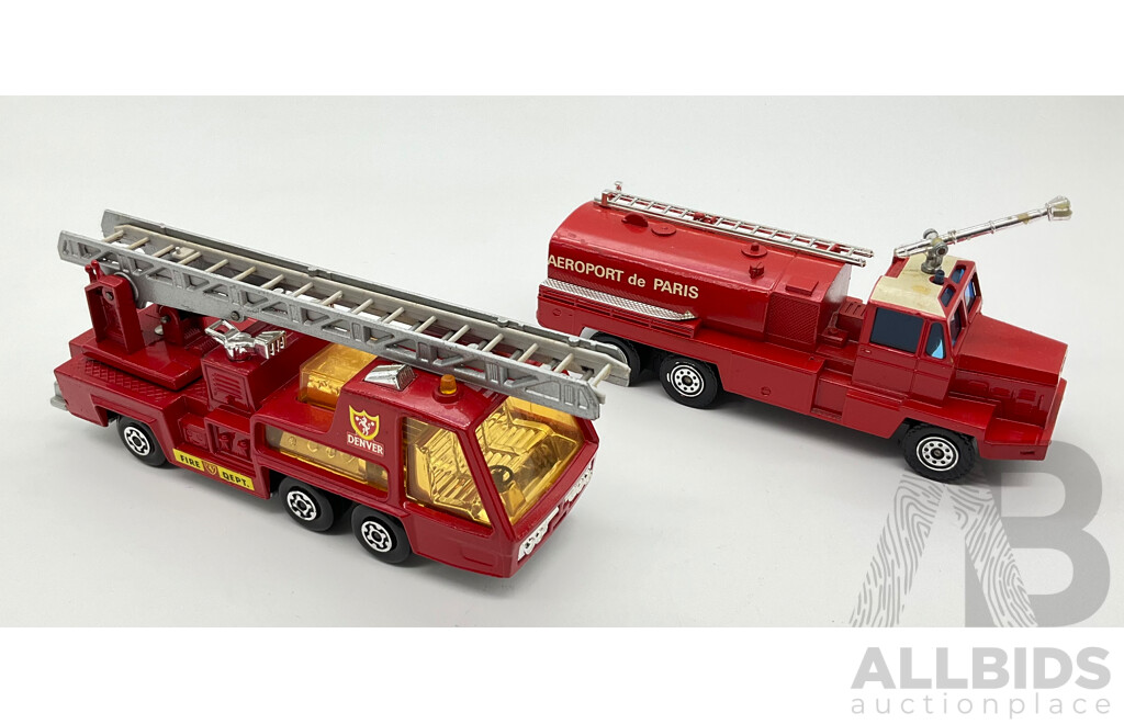 Vintage Diecast Matchbox Super Kings K9 Fire Tender and Solido Berliet Camiva Paris Airport Fire Truck