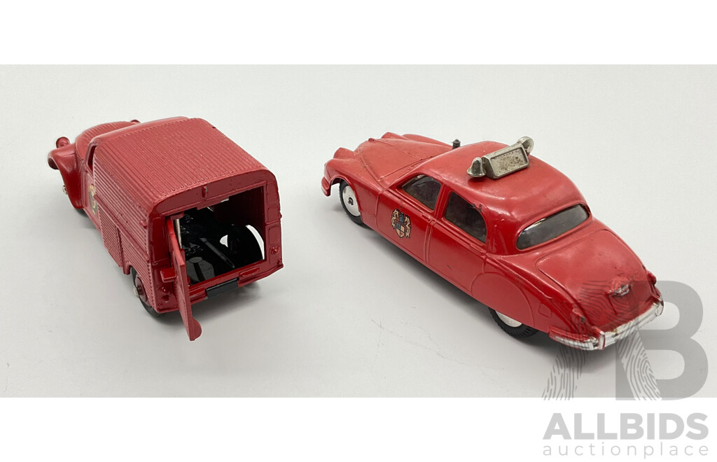 Vintage Diecast Dinky Toys Citroen 2CV Fire Van and Corgi Toys Jaguar 2.4 Liter Fire Servive Car