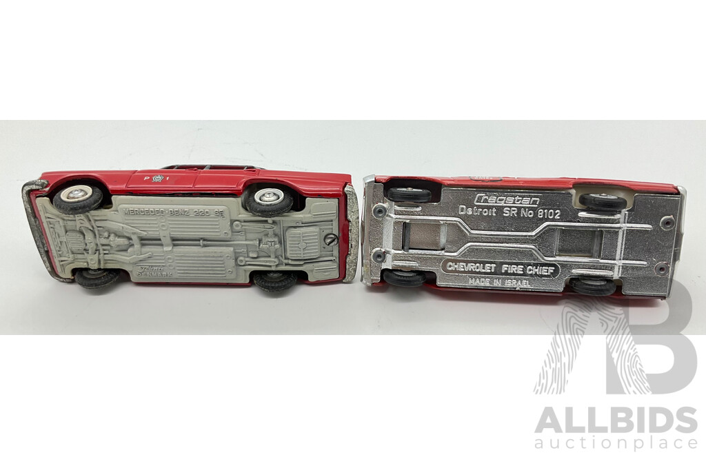 Vintage Diecast Tekno Mercedes-Benz 220 SE Fire Service Car and Cragstan Detroit SR 8102 Chevrolet Fire Chief, Made in Denmark and Israel
