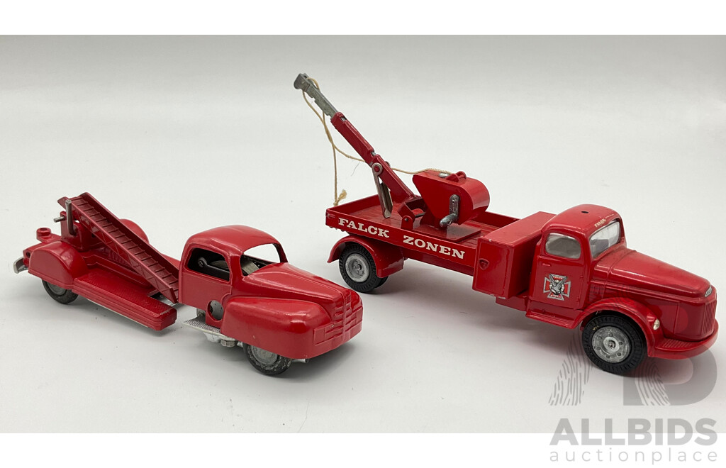 Vintage Tekno Falck Zonen Tow Truck and Solido Fire Engine for Parts or Repair