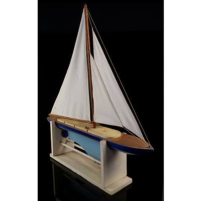 Vintage Hand Crafted Solid Wood Blue Pond Yacht with Stand