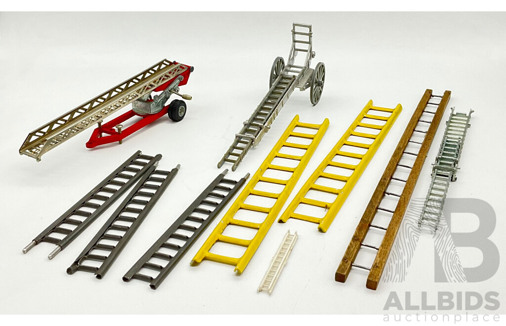 Collection of Vintage Diecast and Wooden Toy Ladders and Ladder Trailers