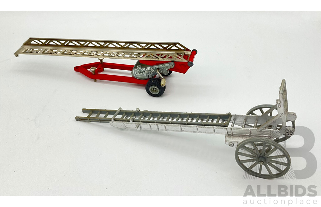 Collection of Vintage Diecast and Wooden Toy Ladders and Ladder Trailers
