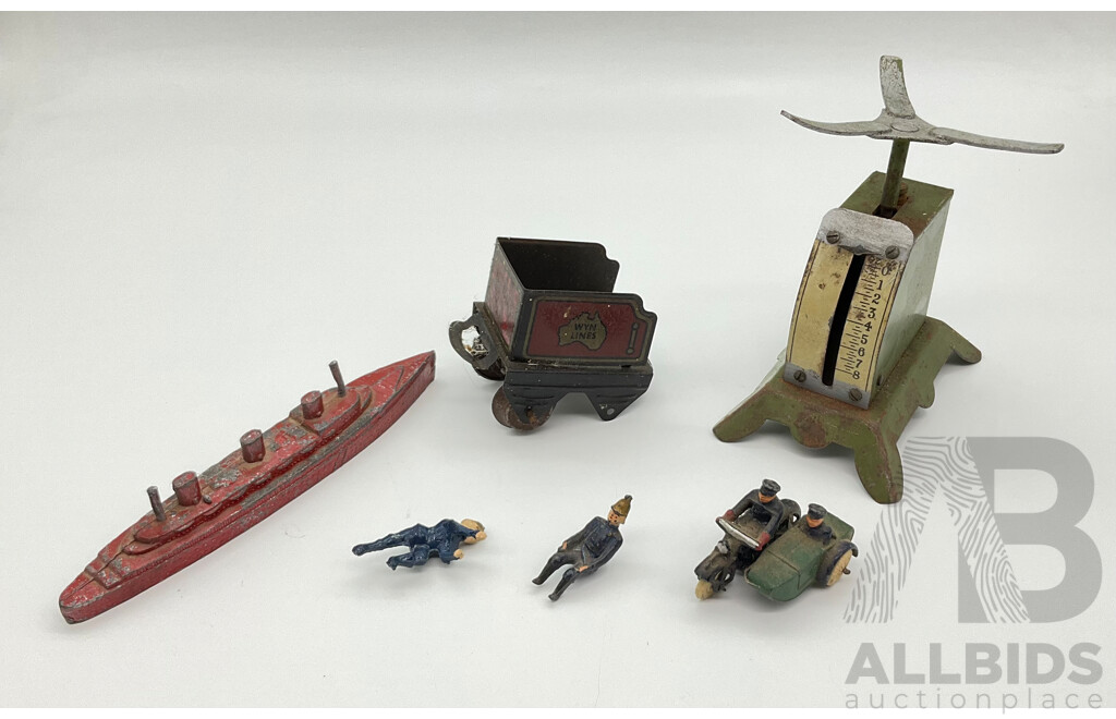Vintage Dinky Toys Cast Motorcycle and Side Car, Fire Fighters, Cast Lead Ship, Wyn Toys Locomotive Tender and Toy Scales