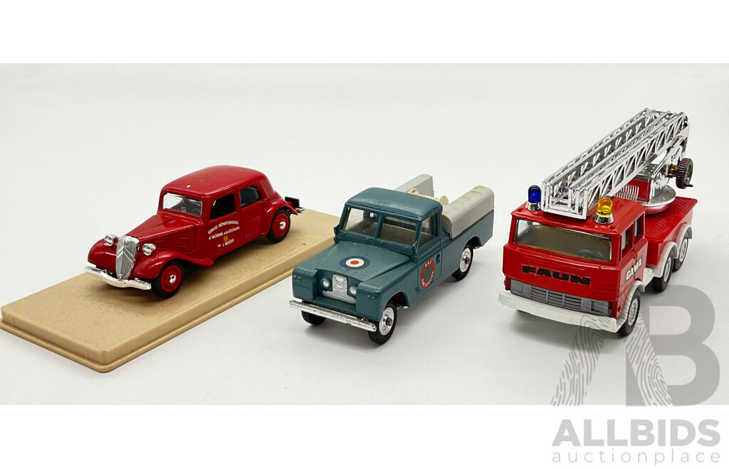 Three Diecast Fire Fighting Vehicles Including Tri-Ang R.A.F Landrover, Gama Faun Fire Engine and Elicore Service Department Sedan