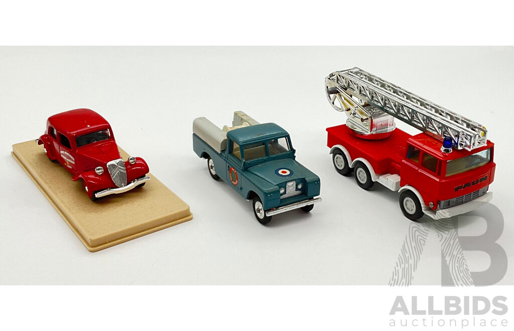 Three Diecast Fire Fighting Vehicles Including Tri-Ang R.A.F Landrover, Gama Faun Fire Engine and Elicore Service Department Sedan