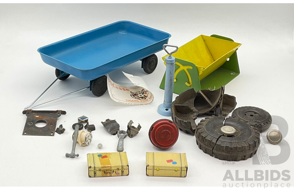 Vintage Pressed Steel Trailer and Tipper with Toy Luggage, Tools, Fethalite Whistle Top, and Wyn Toys/Linciln Toys Wheel Parts