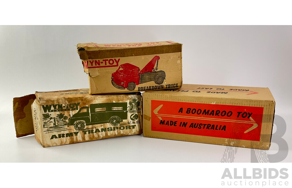 Three Vintage Australian Toy Boxes Including Boomeroo Troop Transport, Wyn-Toy Breakdown Truck and Army Transport