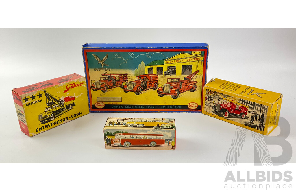 Four Vintage Tekno Toy Boxes Including Akerman 863, Firetruck 361, Spare Bus 854, Fire Engine Set