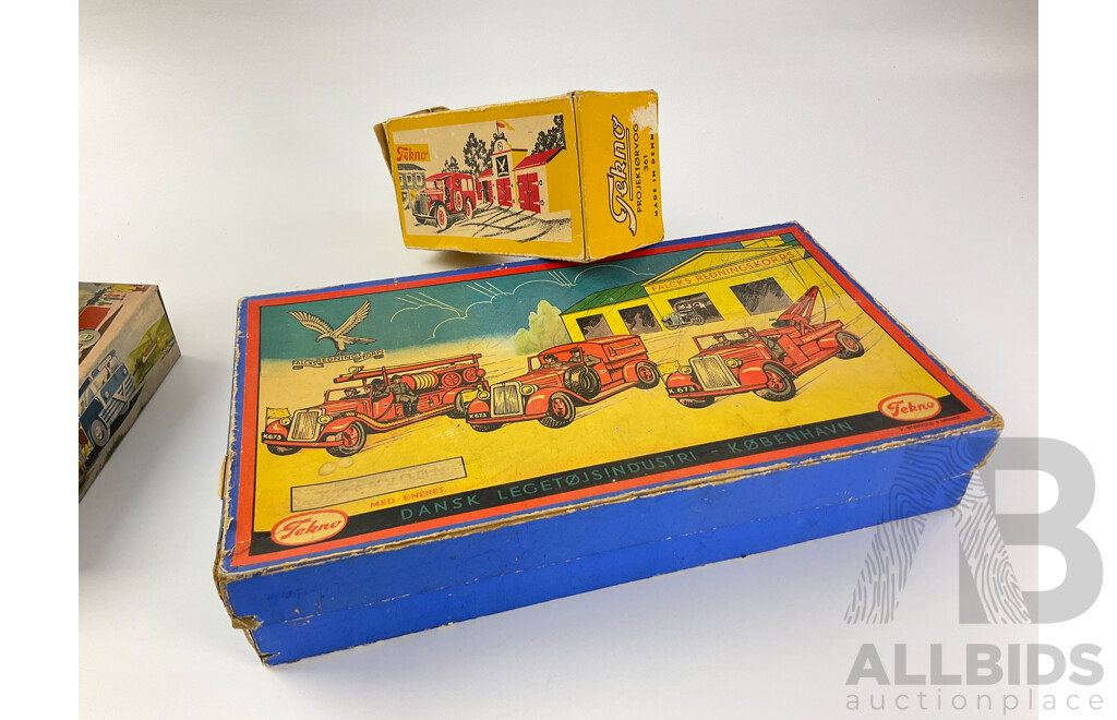 Four Vintage Tekno Toy Boxes Including Akerman 863, Firetruck 361, Spare Bus 854, Fire Engine Set