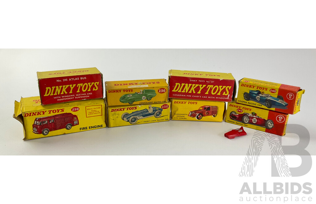 Eight Vintage Dinky Toys Boxes Including Model Numbers 295, 259, 230, 257, 236, 242, 25D, 240