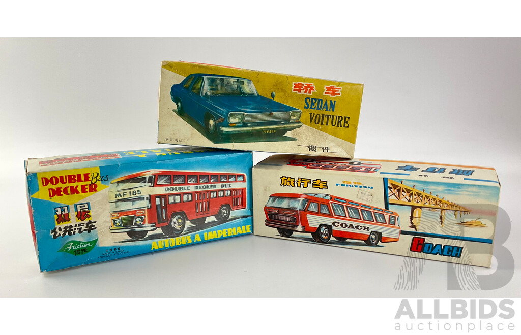 Three Vintage Chinese Toy Boxes Including Coach, Double Decker Bus and Sedan Voiture