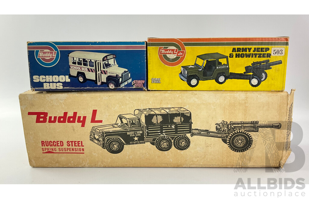 Three Buddy L Toy Boxes Including Troop Transporter, School Bus and Army Jeep