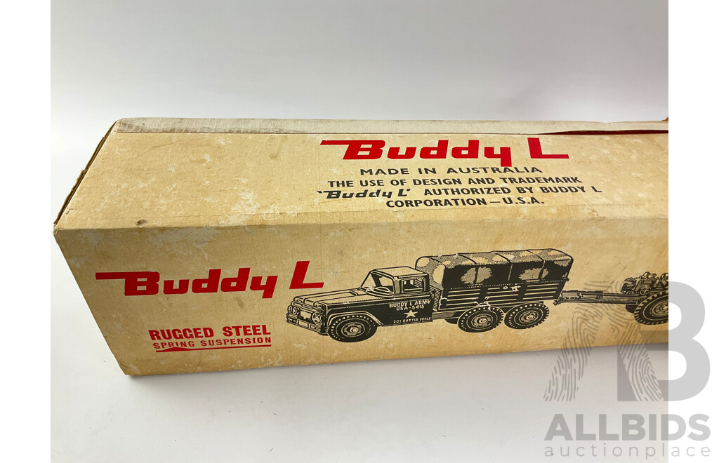 Three Buddy L Toy Boxes Including Troop Transporter, School Bus and Army Jeep
