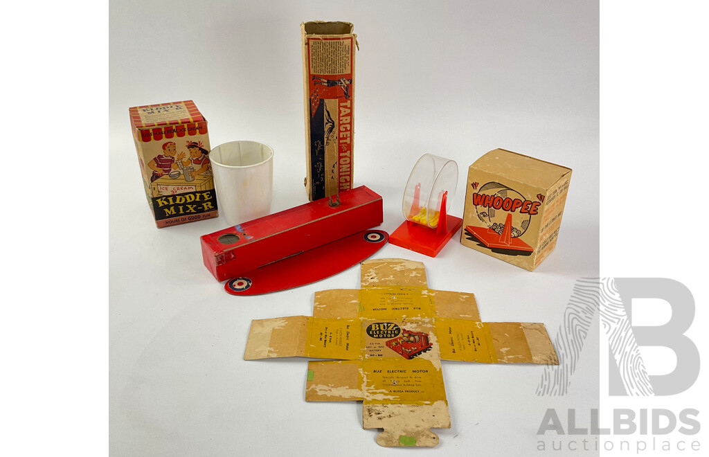 Collection of Boxed Vintage Australian Toys Including M I Plastics Kiddie Mix-R, Metal-Wood Repititions Targe for Tonight, Winning Products ''Whoopee'' with Buz Electric Motor Box