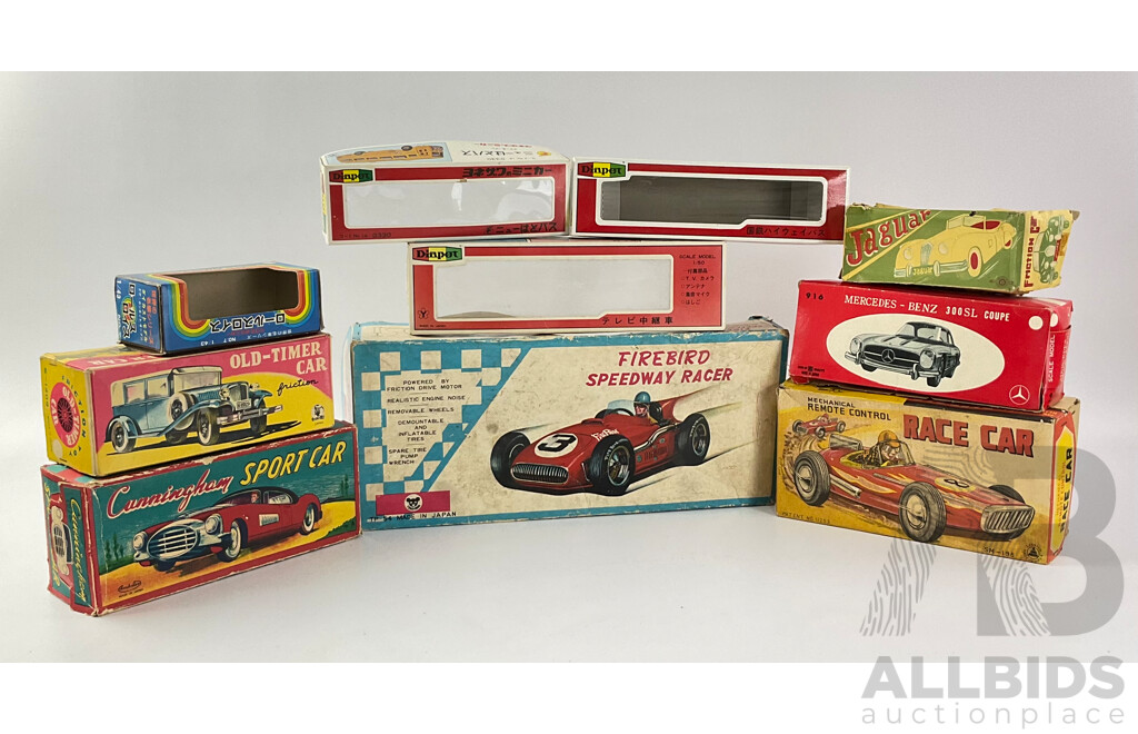 Collection of Japanese Toy Car Boxes Including KK, Diapet, SSS, Tomiyama, Asahitoy, Sanshin, Bandai Baby