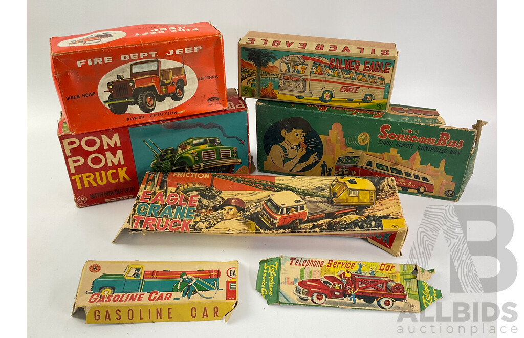 Collection of Japanese Toy Truck/Buses Boxes-Remnants Including Modern Toys, Line Mar Toys, Taiyo