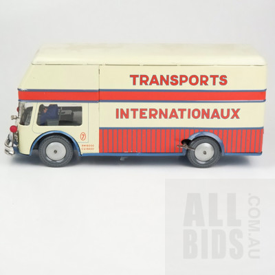 Vintage Joustra French Transports Internationaux Battery Operated Tin Toy Bus with Wind-Up Mechanism