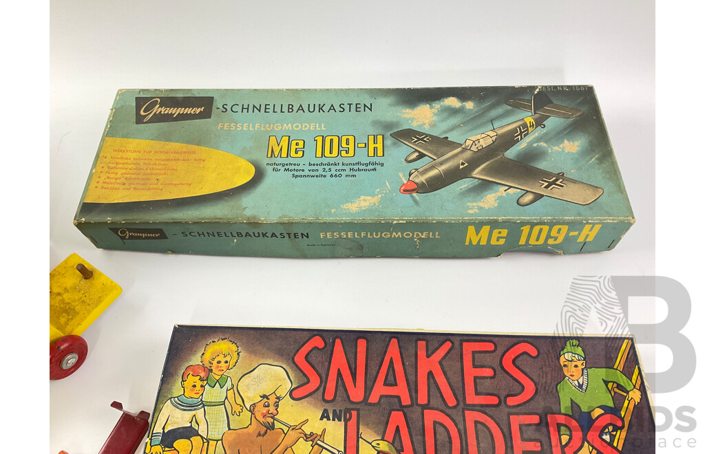 Vintage Snakes and Ladders, Timber Toy Train, Graupner Me109-H Box, O Gauge Signal Box and Locomotive Tender
