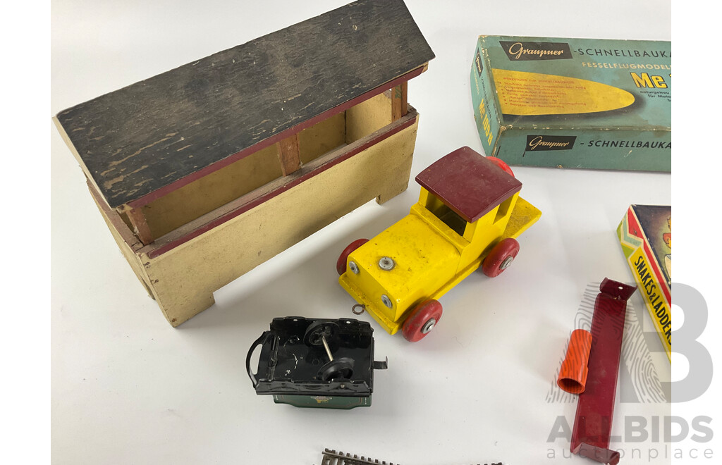 Vintage Snakes and Ladders, Timber Toy Train, Graupner Me109-H Box, O Gauge Signal Box and Locomotive Tender