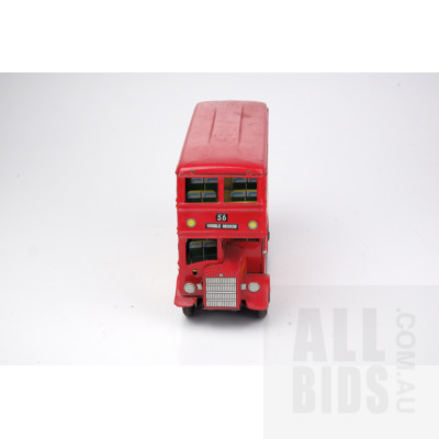 Vintage Japanese Double-Decker Tin Toy Bus with Advertising