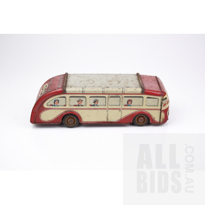 Vintage Arnold German Tin Toy Bus with Friction Drive Rear Wheels Circa 1950s