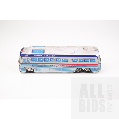 Vintage Greyhound Highway Traveler Tin Toy Bus with Friction Drive Front Wheels