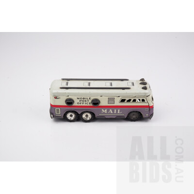 Vintage Japanese Mobile Post Office Mail Tin Toy Bus with Friction Drive Rear Wheels