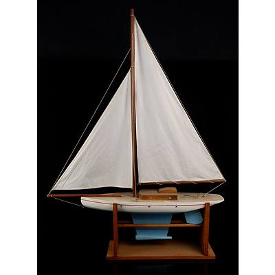 Vintage Hand Crafted Solid Wood Blue and White Pond Yacht with Stand