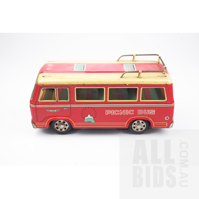 Vintage San Japanese Tin Toy Picnic Bus with Friction Drive Front Wheels