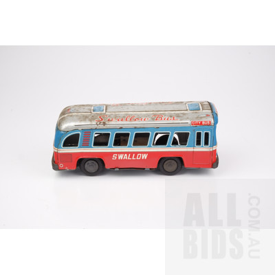 Vintage Japanese Tin Toy Swallow City Bus with Friction Drive Rear Wheels