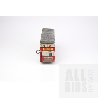 Vintage English Tin Toy British National Service Double-Decker Bus with Wind-Up Mechanism