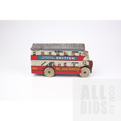 Vintage English Tin Toy British National Service Double-Decker Bus with Wind-Up Mechanism