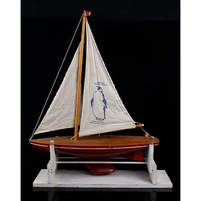 Vintage Hand Crafted Red Hollow Fiberglass Hull Penguin Brand Pond Yacht with Stand