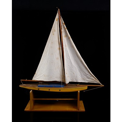 Vintage Hand Crafted Solid Wood Yellow and Blue Pond Yacht with Stand