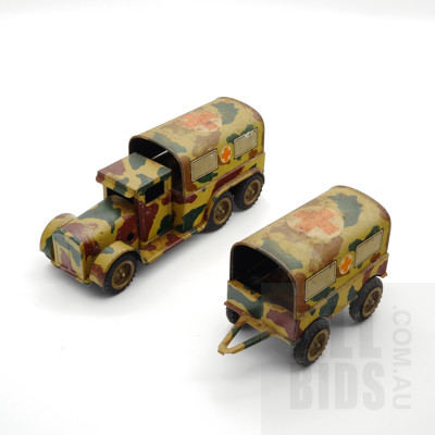 Vintage Tin Army Truck And Trailer