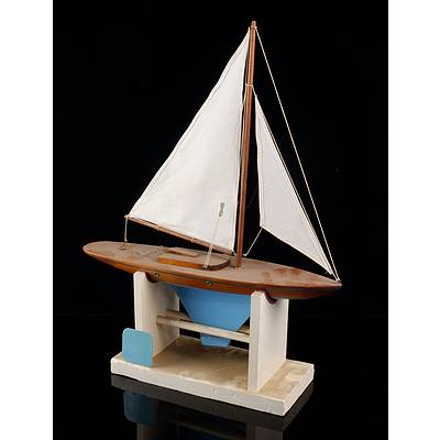 Vintage Hand Crafted Solid Wood Blue Pond Yacht with Stand