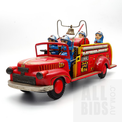 Vintage Tin Friction Drive Fire Truck - Made In Japan