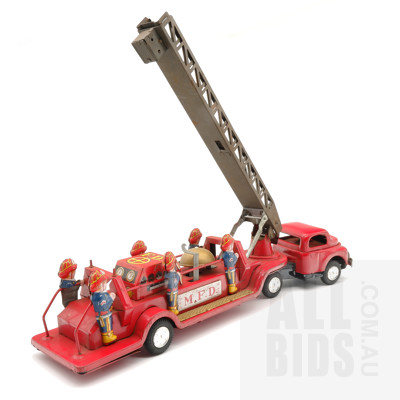 Vintage Tin Friction Drive Fire Truck - Made In Japan