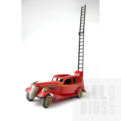 Vintage Tin Fire Truck  With Spring Loaded Ladder- Made in Japan