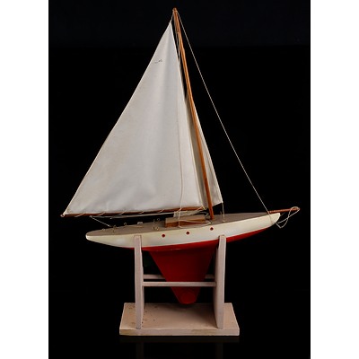 Vintage Hand Crafted Solid Wood Red and White Pond Yacht with Stand