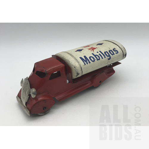 Vintage Tin Friction Powered Small Mobilgas Truck - Wyn-Toy Australia - Red