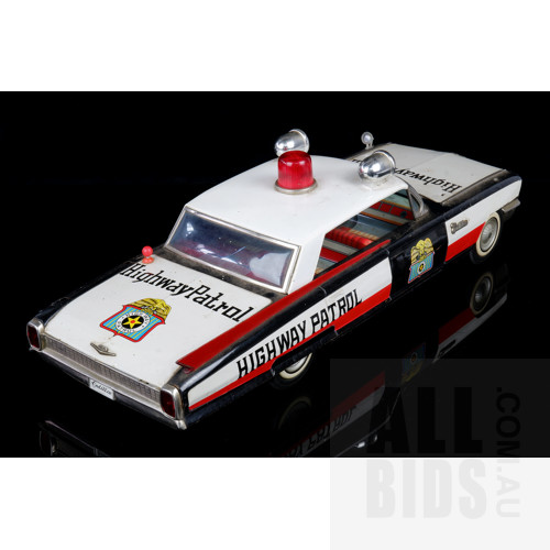 Large 1962 Vintage Tin Friction Powered Highway Patrol Cadillac  - Made In Japan - White