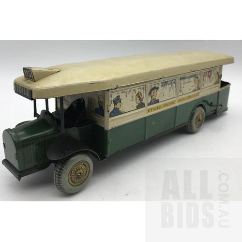 Vintage Tin Wind-Up Etoile Bastille Tin Litho Toy Bus - Made In France