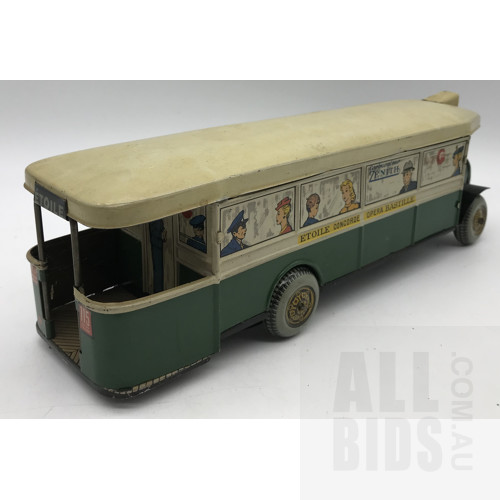 Vintage Tin Wind-Up Etoile Bastille Tin Litho Toy Bus - Made In France