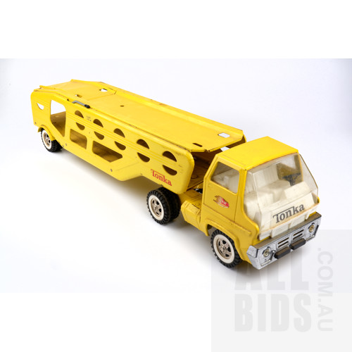 Vintage Tin TONKA Car Carrier Truck And Trailer - Yellow