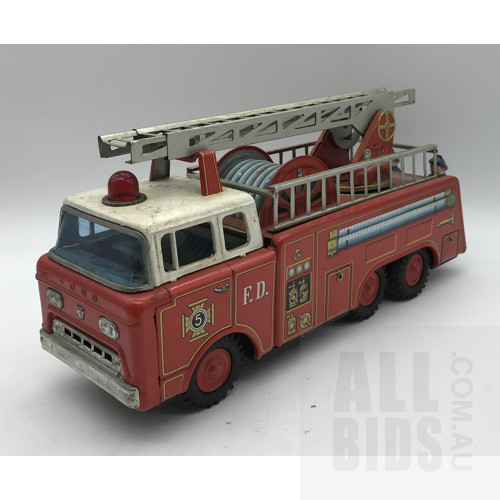 Vintage Tin Friction Drive Ford Fire Truck - Made In Japan